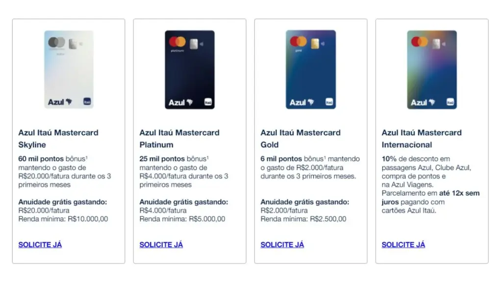 cartoes Azul Itaucard 5 cartões Azul Itaucard